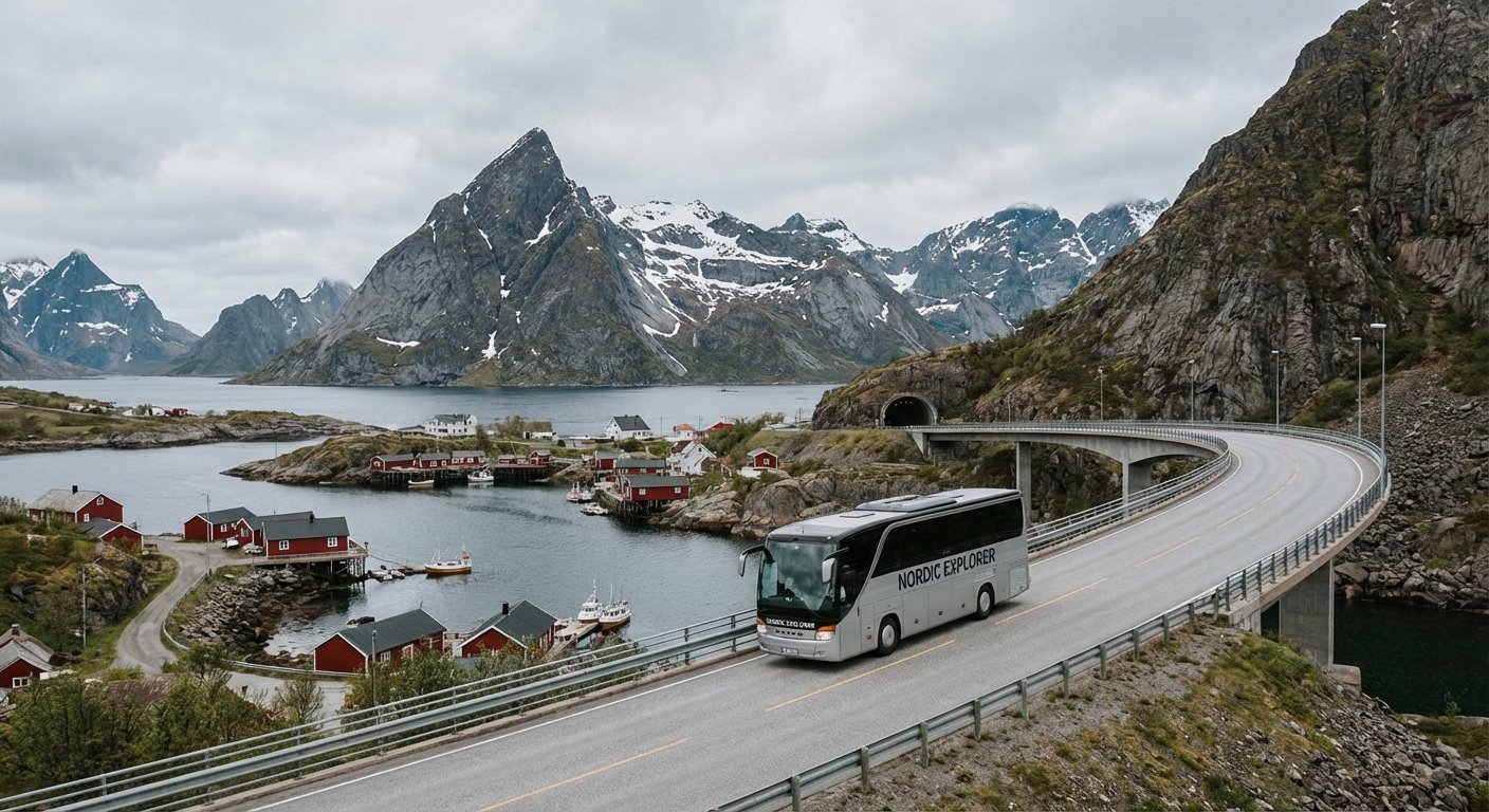 Reisebus vor der Lofoten-Landschaft